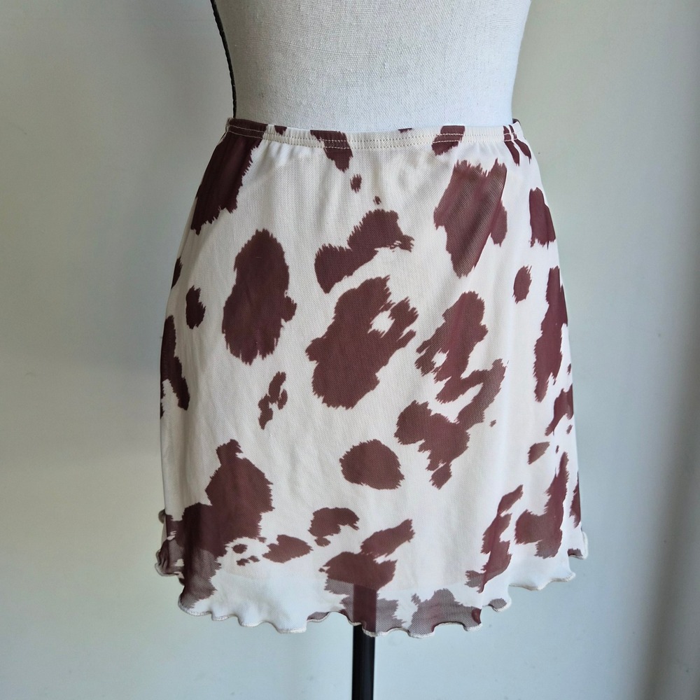 See You Monday Cow Print Skirt Womens Medium Y2K Mesh Festival Cowgirl Western - Picture 2 of 5
